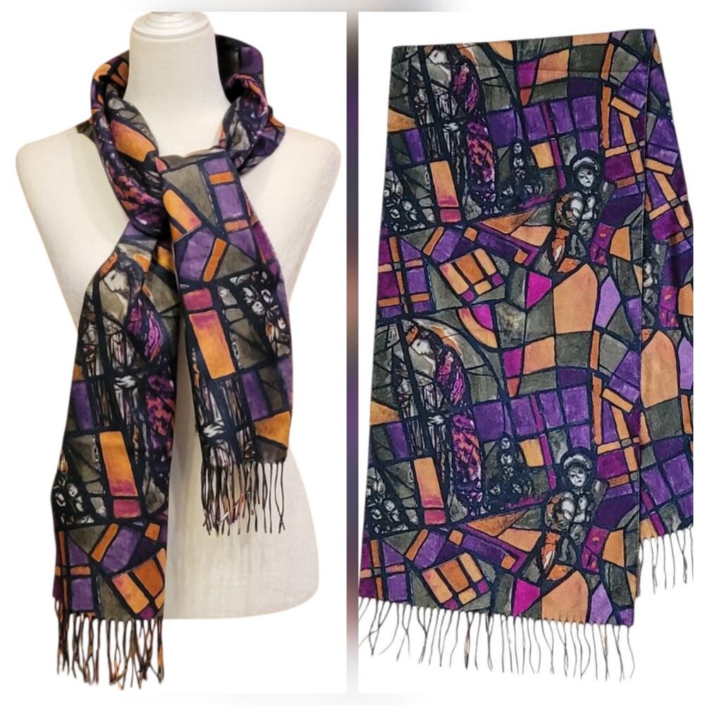 Vintage ARCHITECT Fringed Scarf Wrap Holy Family Stained Glass WPL 11403 80s